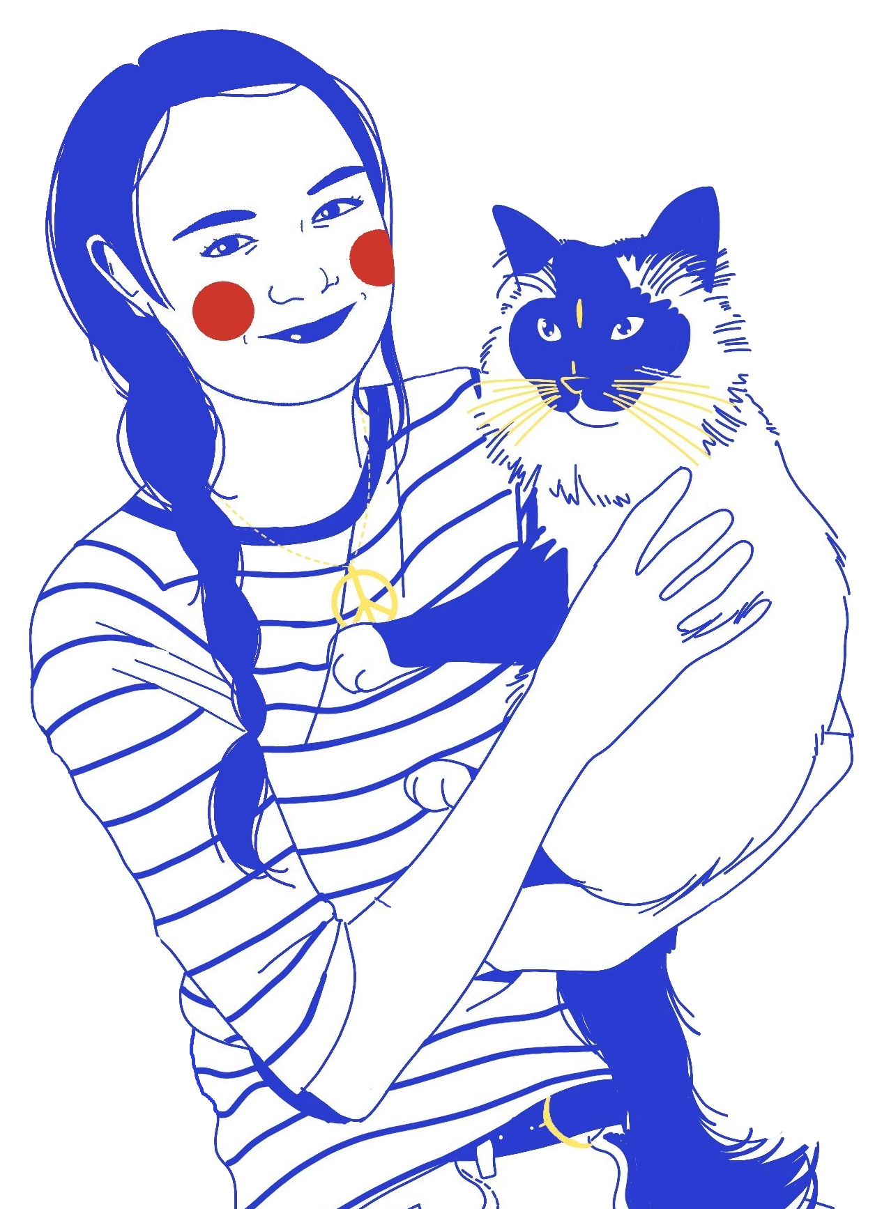 blue and red illustration of a woman holding a ragdoll cat