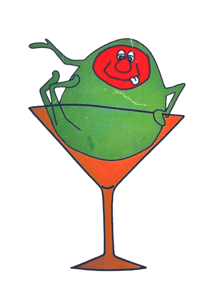 drawing of a drunk olive in a martini glass