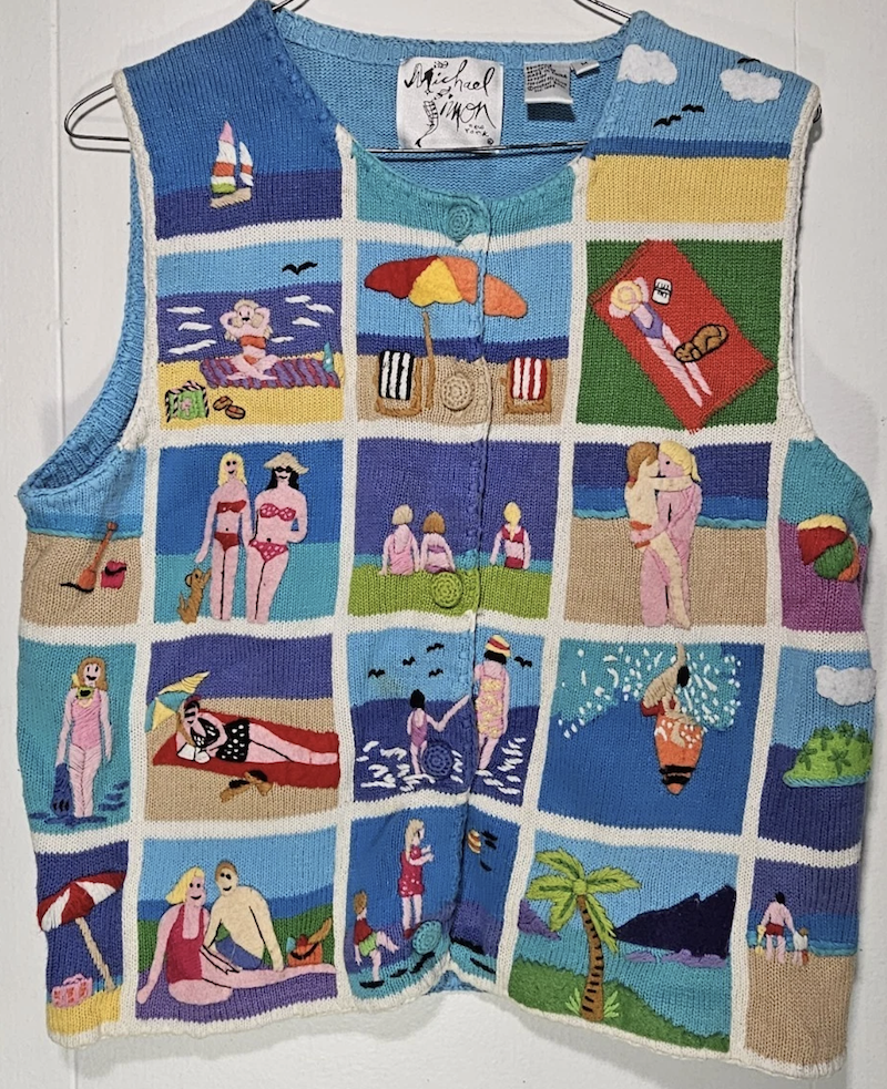 colorful vest with patchwork of applique beach scenes