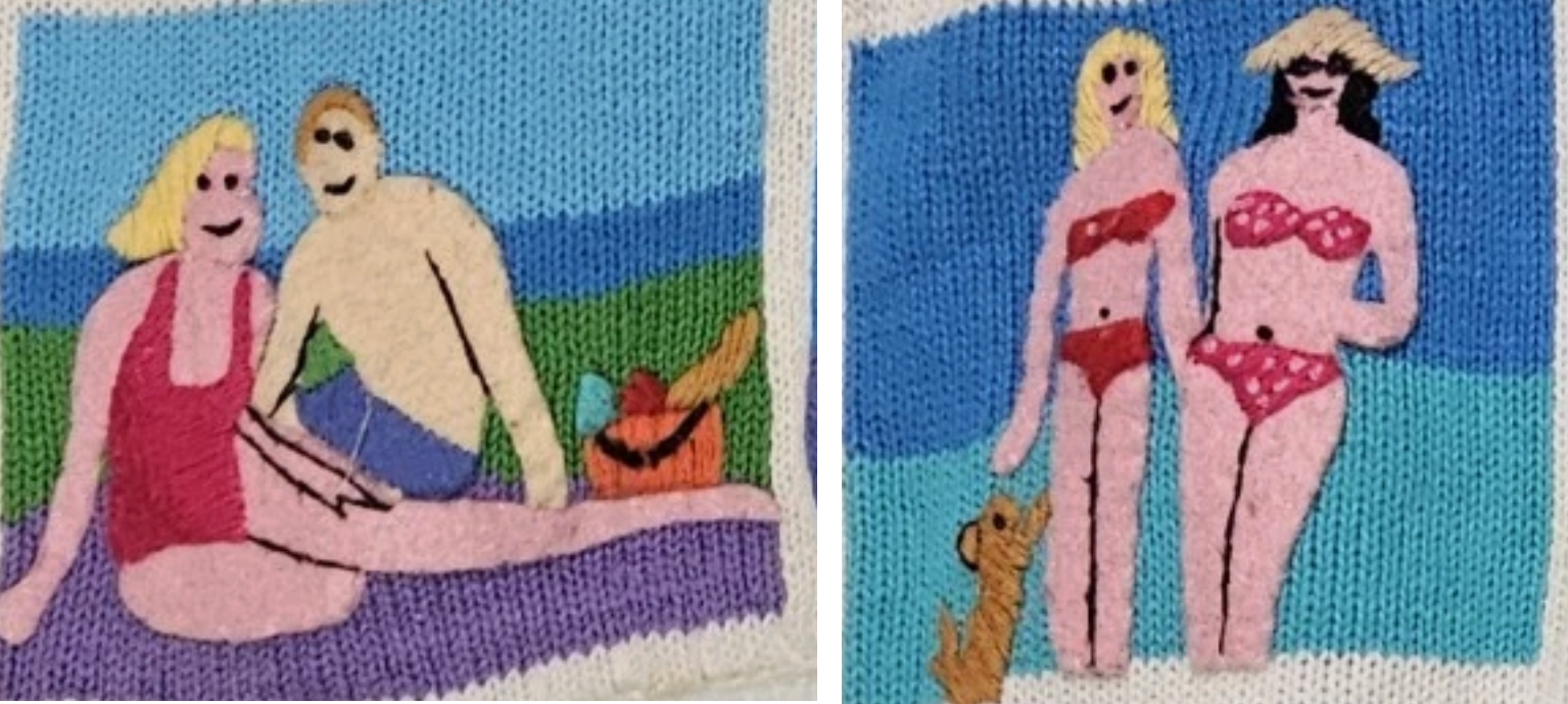 close-up of appliques of two woman in bikinis standing on the beach, and a man and woman sitting together on a beach towel