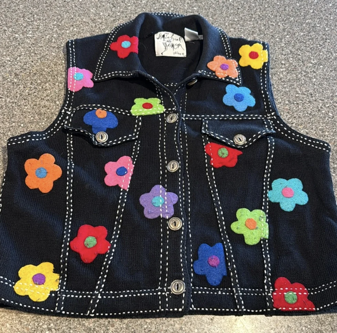 faux denim knitted vest covered with colorful flowers