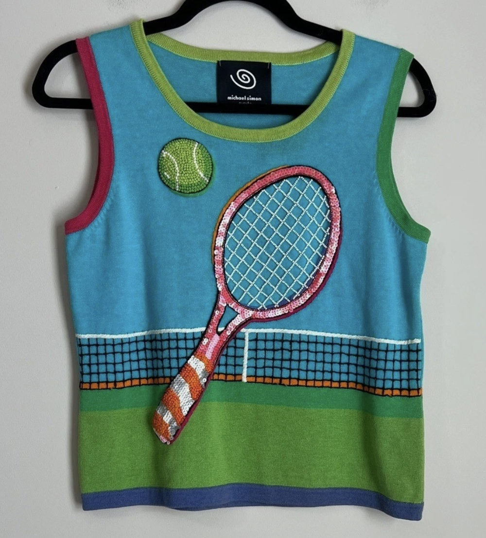 colorblock sweater vest with a sequined tennis racket in the middle